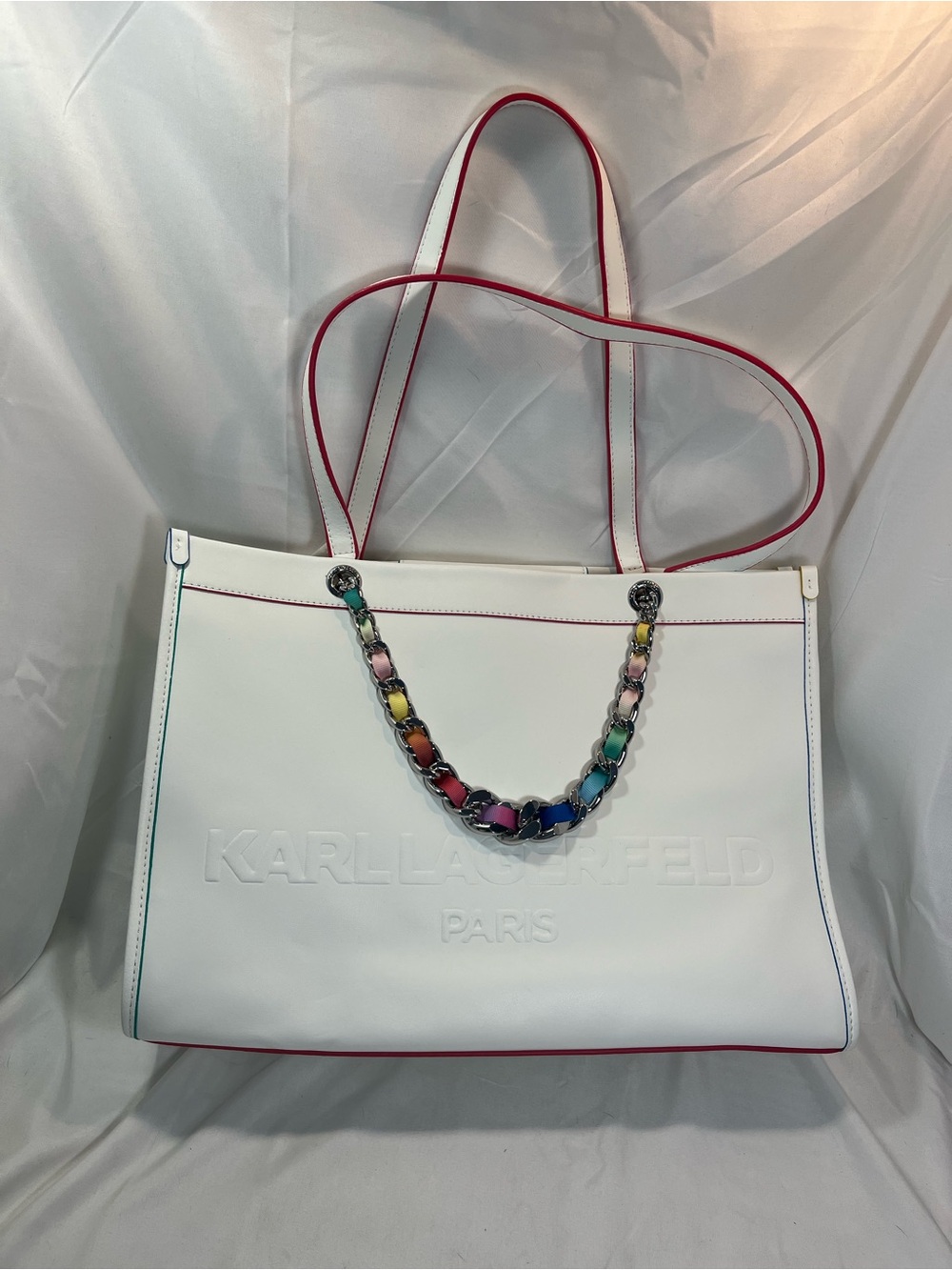 NWT - Karl Lagerfeld White Tote with Rainbow Chain and Pink-Edged Straps
